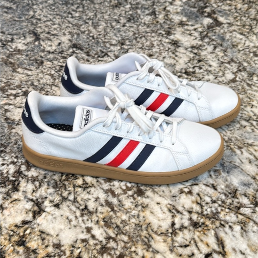 Men's Adidas White Grand Court Sneakers with Red and Navy Stripes